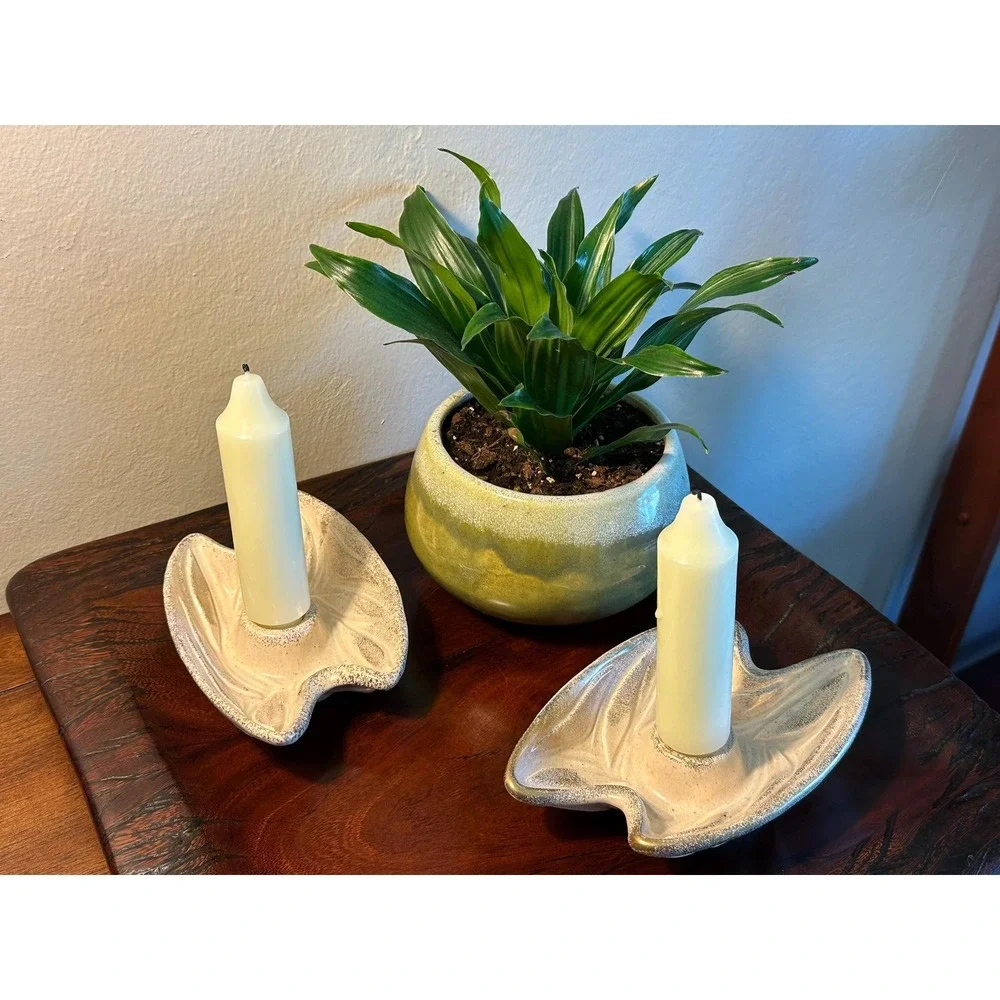 Vintage 1950s American Pottery Leaf Candlestick Holders-MCM Ceramic Candle Decor